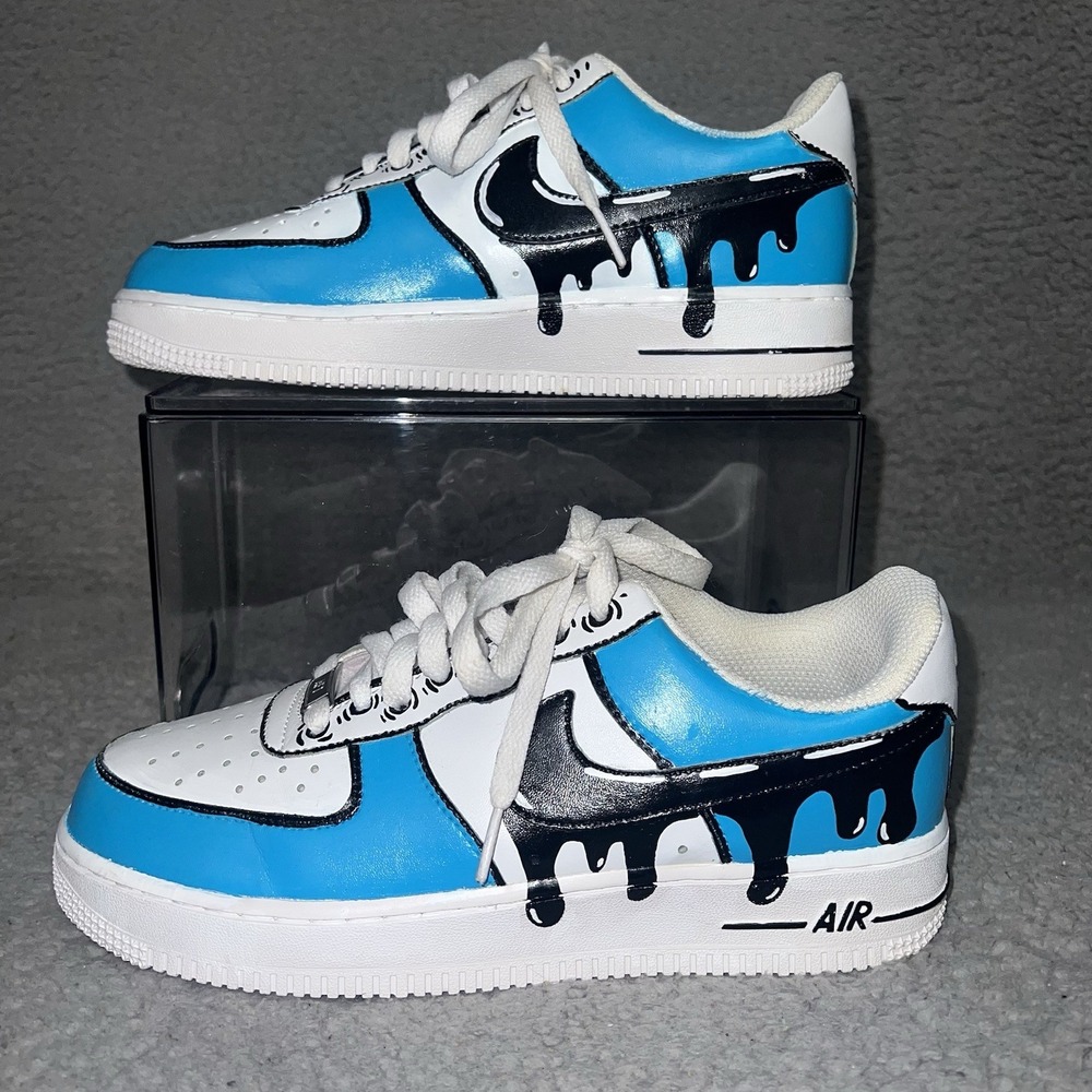 Nike Air Force 1 Cartoon Sneakers Mens Sz 8 Teal Blue Drip Custom Sketch Outline